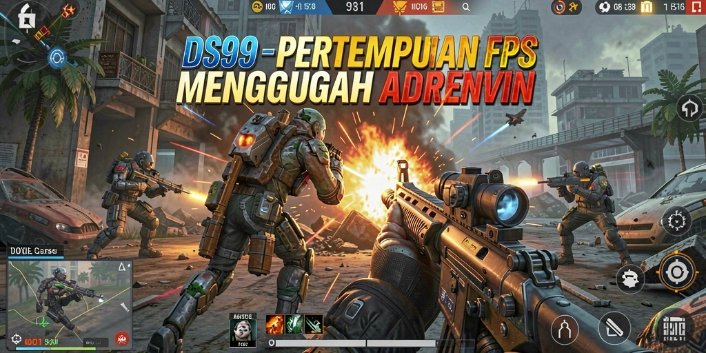 Screenshot DS99 menampilkan aksi intens dalam pertempuran FPS.