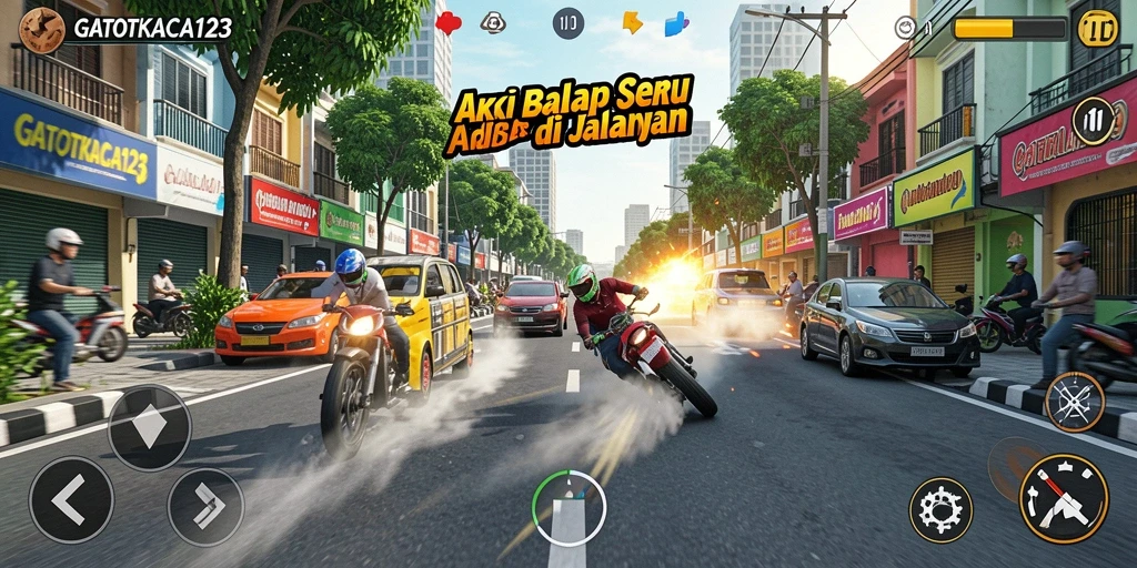 Screenshot gameplay GATOTKACA123 menampilkan aksi balap mendebarkan.
