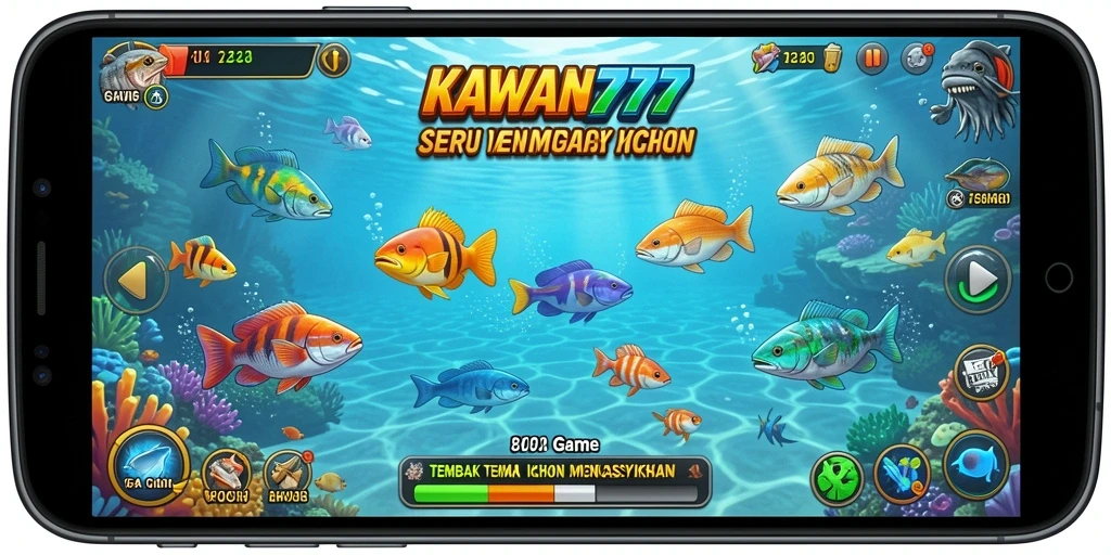 Tampilan gameplay KAWAN777 dengan ikan berwarna-warni dan aksi tembak menembak.
