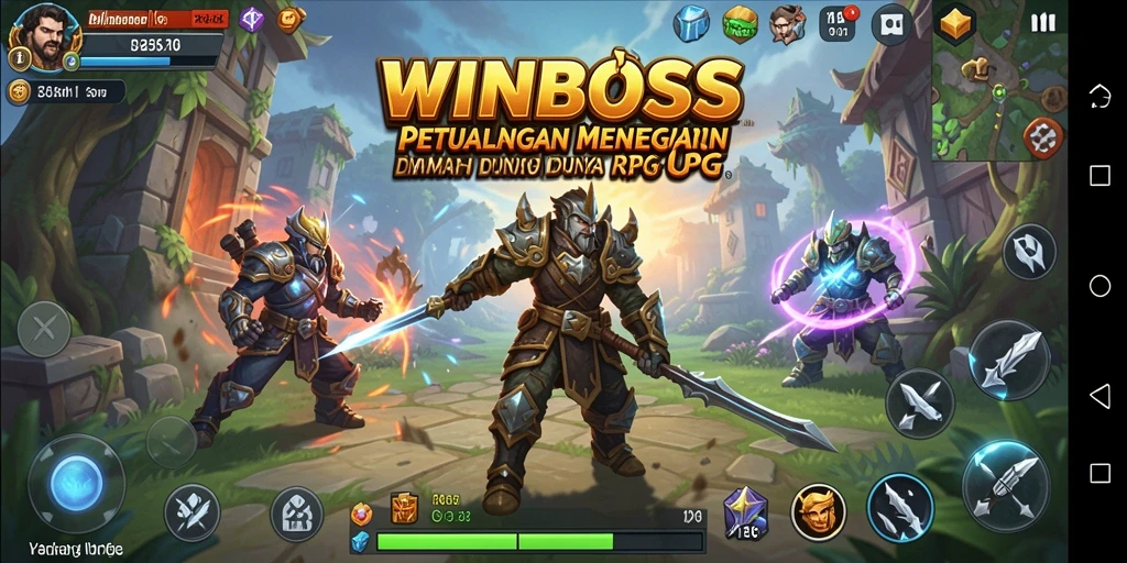Tampilan utama WINBOSS yang menunjukkan karakter dalam pertarungan RPG.